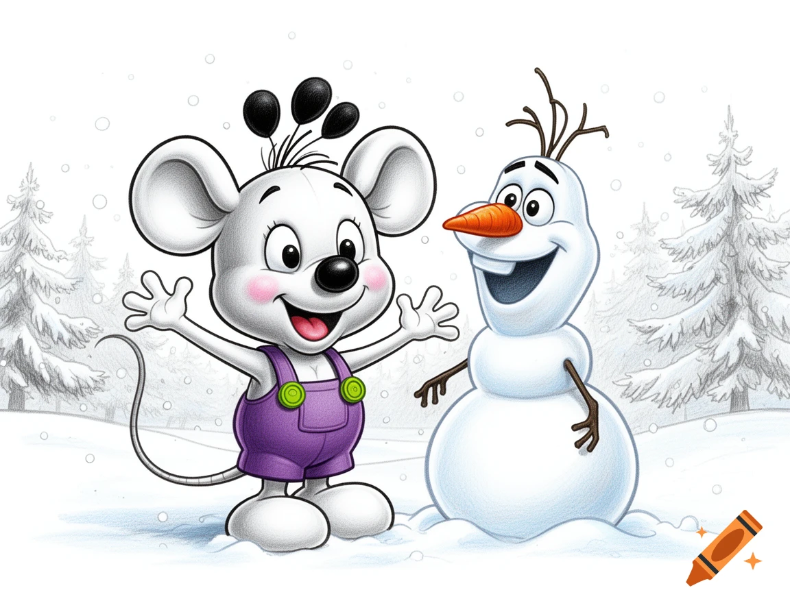 Cartoon illustration of Diddl mouse in purple overalls with arms open next to Olaf the snowman in a snowy winter forest.