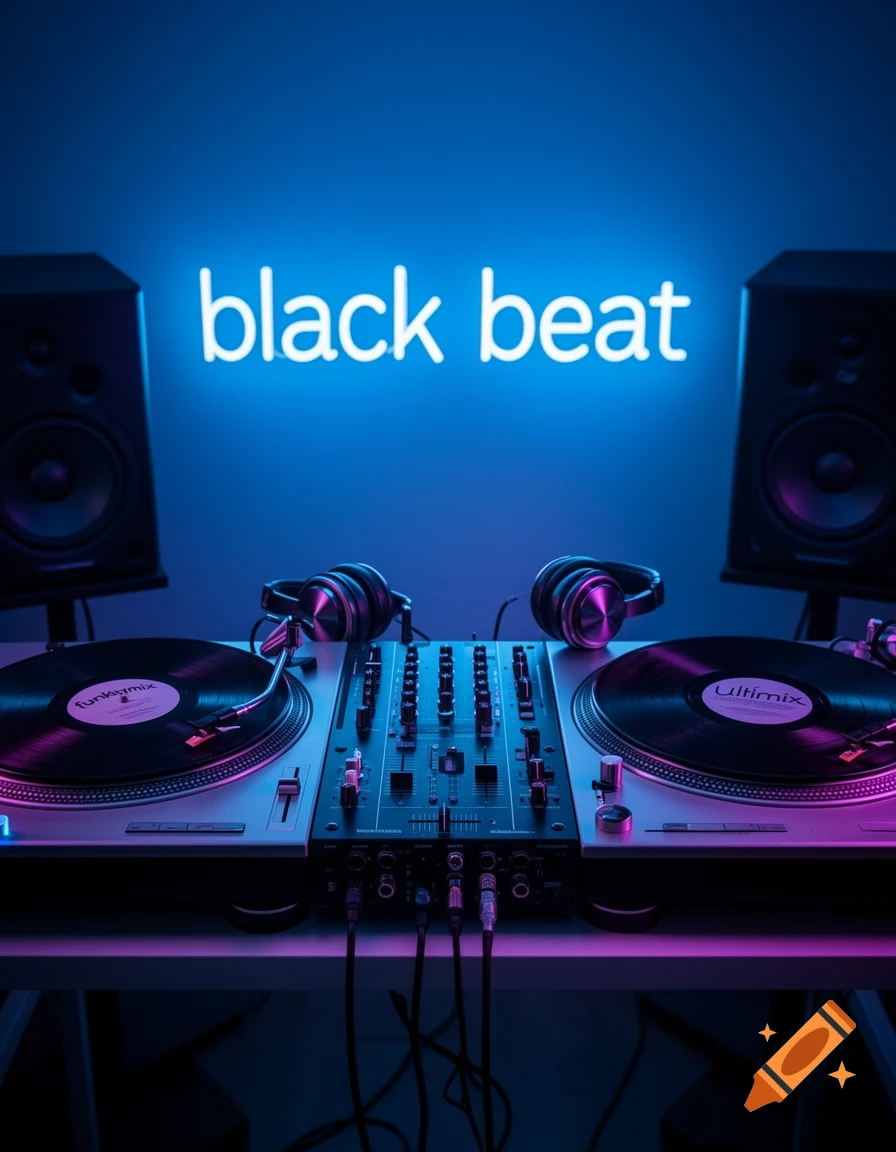 A professional DJ setup with turntables, mixer, headphones, and speakers under blue and purple neon light, with a 'black beat' sign.