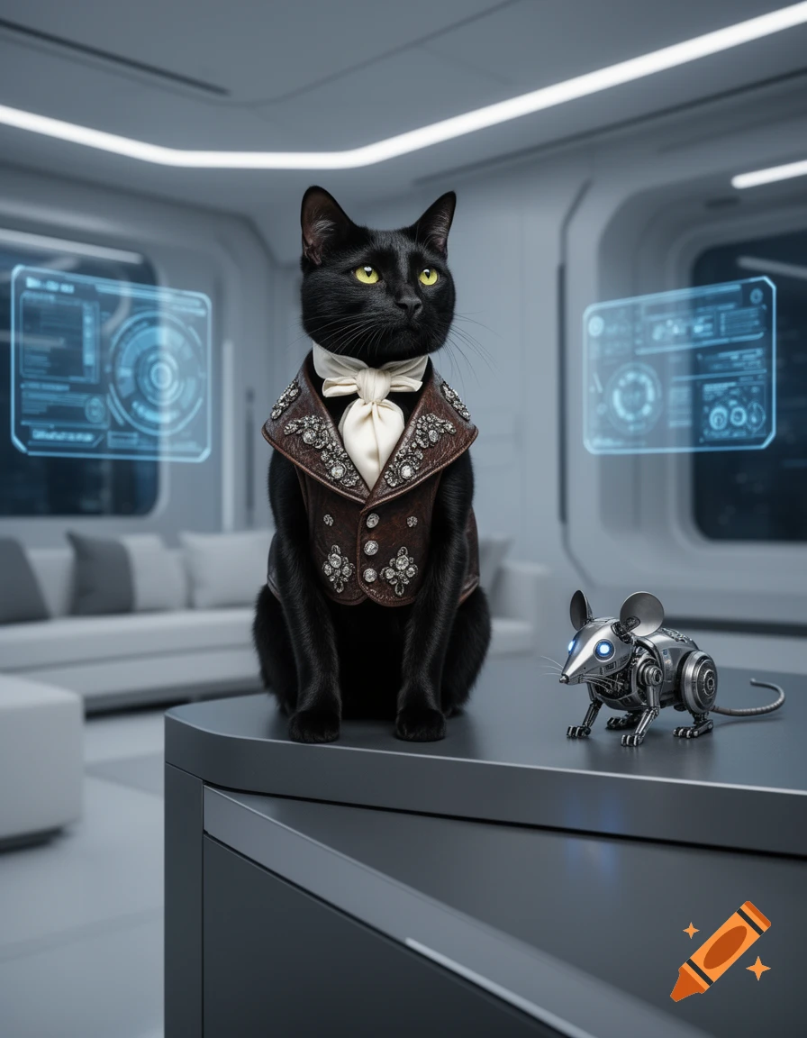 A black cat in a decorated brown leather vest and white cravat sits on a counter next to a silver robotic mouse in a high-tech room.