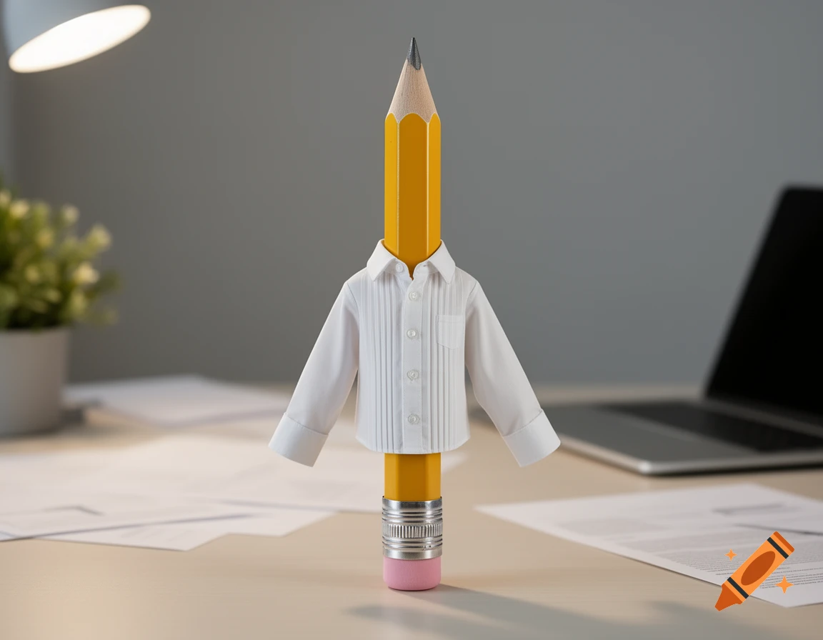 A sharp yellow pencil stands upright on an office desk, wearing a white long-sleeved dress shirt. A desk lamp and laptop are blurred in the background.