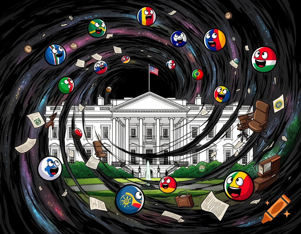 Cartoon Countryballs and furniture are sucked into a swirling black hole around the White House.