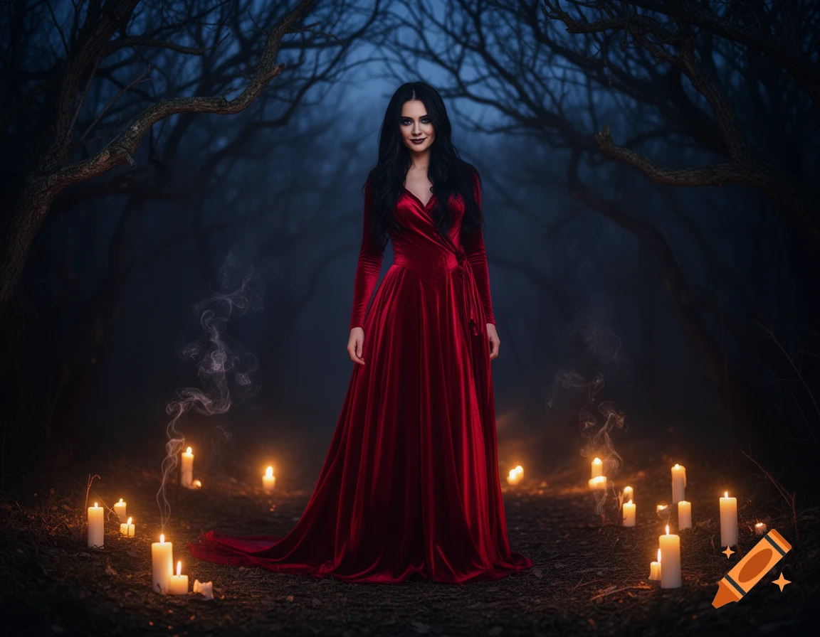 A woman in a red velvet dress stands among lit candles in a dark, misty forest, in a photorealistic style.
