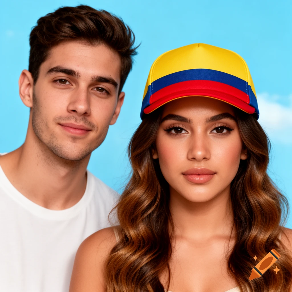 A photorealistic portrait of a man and a woman, the woman wearing a baseball cap with the Colombian flag colors, against a light blue sky.