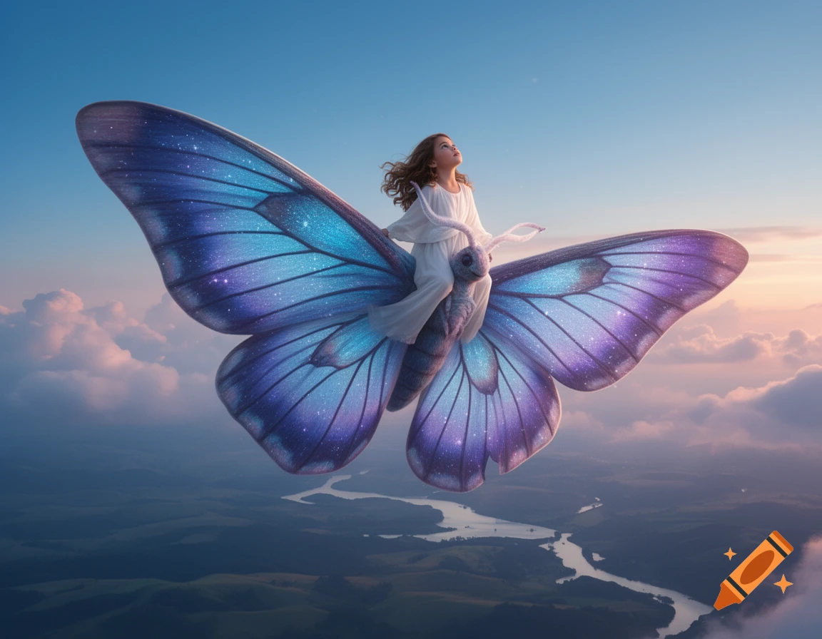 A young girl in white rides a large, sparkling blue and purple butterfly through a clear sky over a river and hills.