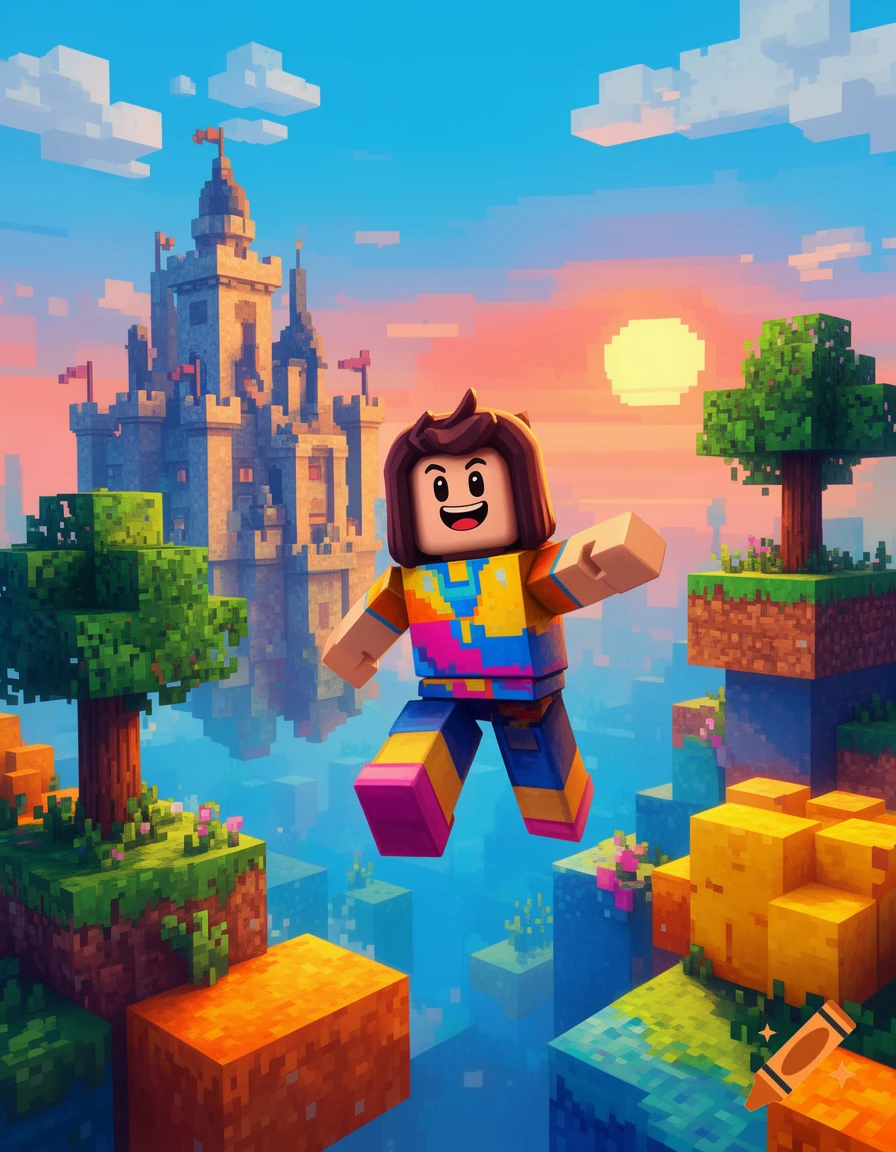 A blocky, colorful character jumps in a vibrant pixel art world with a castle and floating islands under a sunset sky.