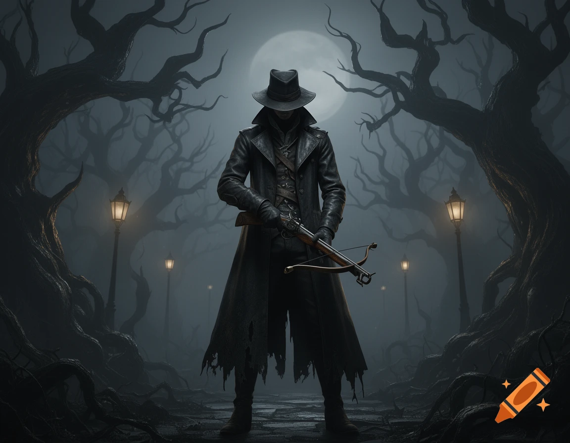 A hunter in a wide-brimmed hat and long trench coat holds a small crossbow in a foggy, moonlit forest with gnarled trees.