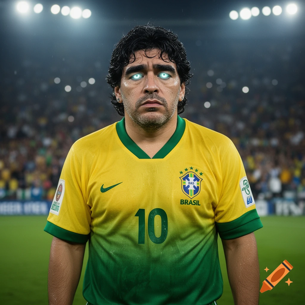 Photorealistic depiction of Diego Maradona in a Brazilian soccer jersey with glowing blue eyes, standing on a rainy soccer field at night.