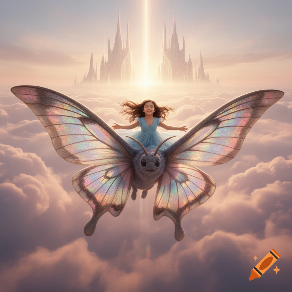 A smiling young girl in a blue dress flies over clouds on the back of a large, fluffy moth with iridescent wings, towards a luminous fantasy castle in the sky.