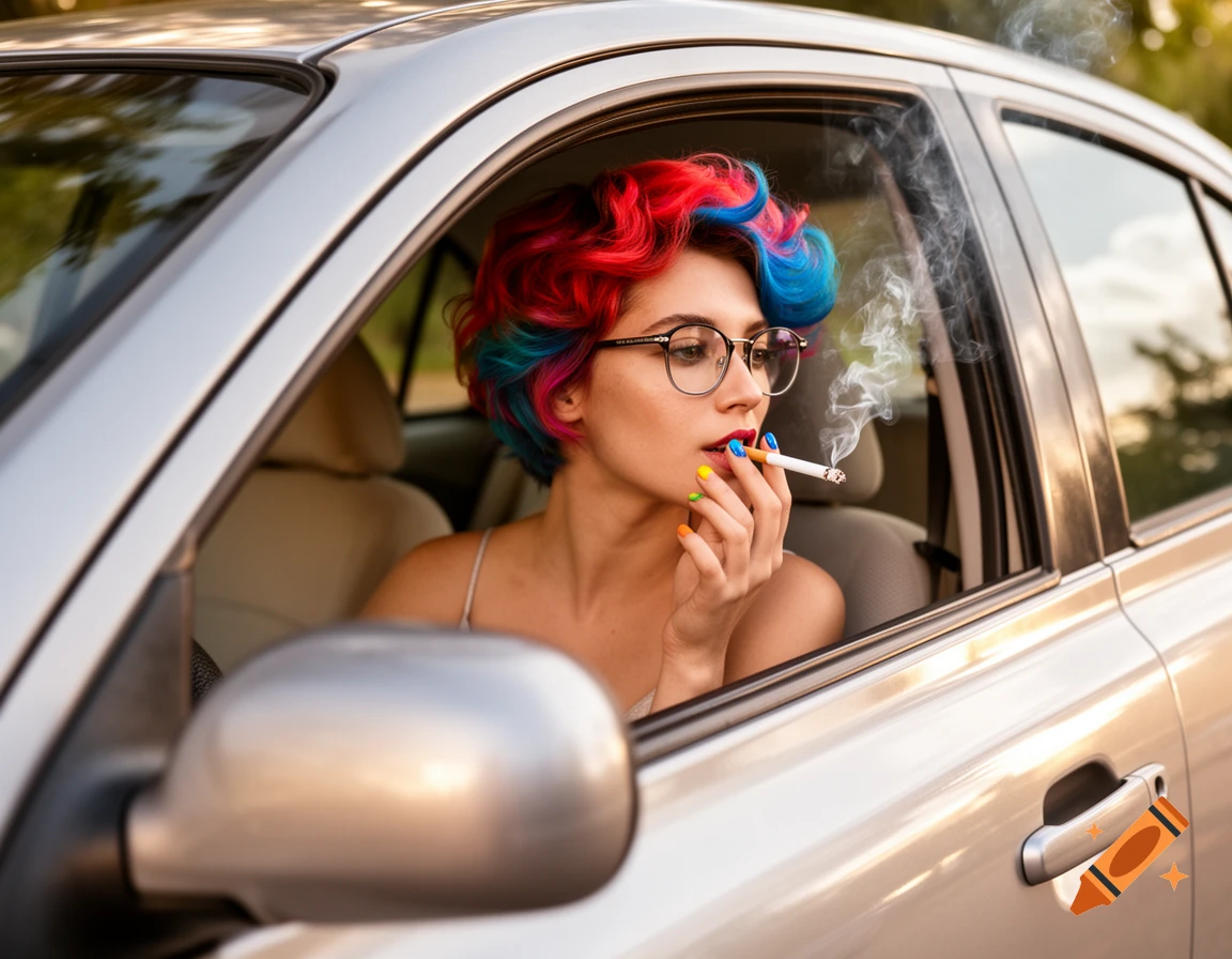 A woman with short, colorful red and blue hair and glasses, smoking a cigarette while looking out the window of a silver car.