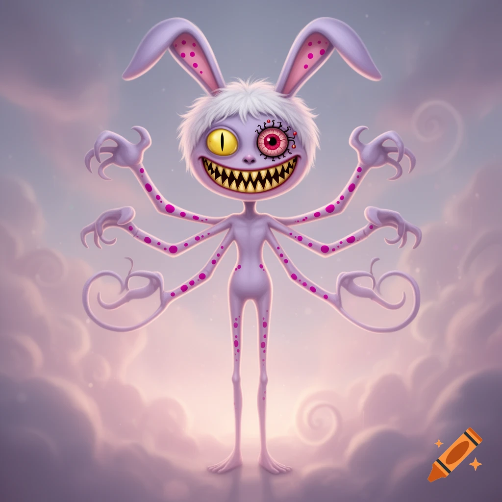 A creepy yet cartoonish lavender monster with six limbs, bunny ears, white hair, a yellow eye, a red spider eye, and a wide grin with sharp golden teeth, against a cloudy sky.