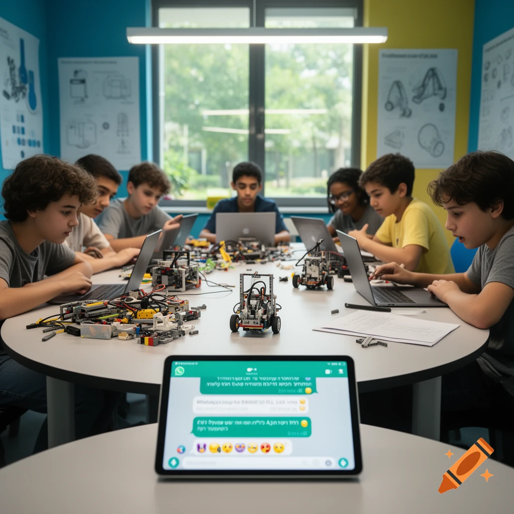 Diverse children building Lego robots and working on laptops around a table in a classroom, with a tablet in the foreground.