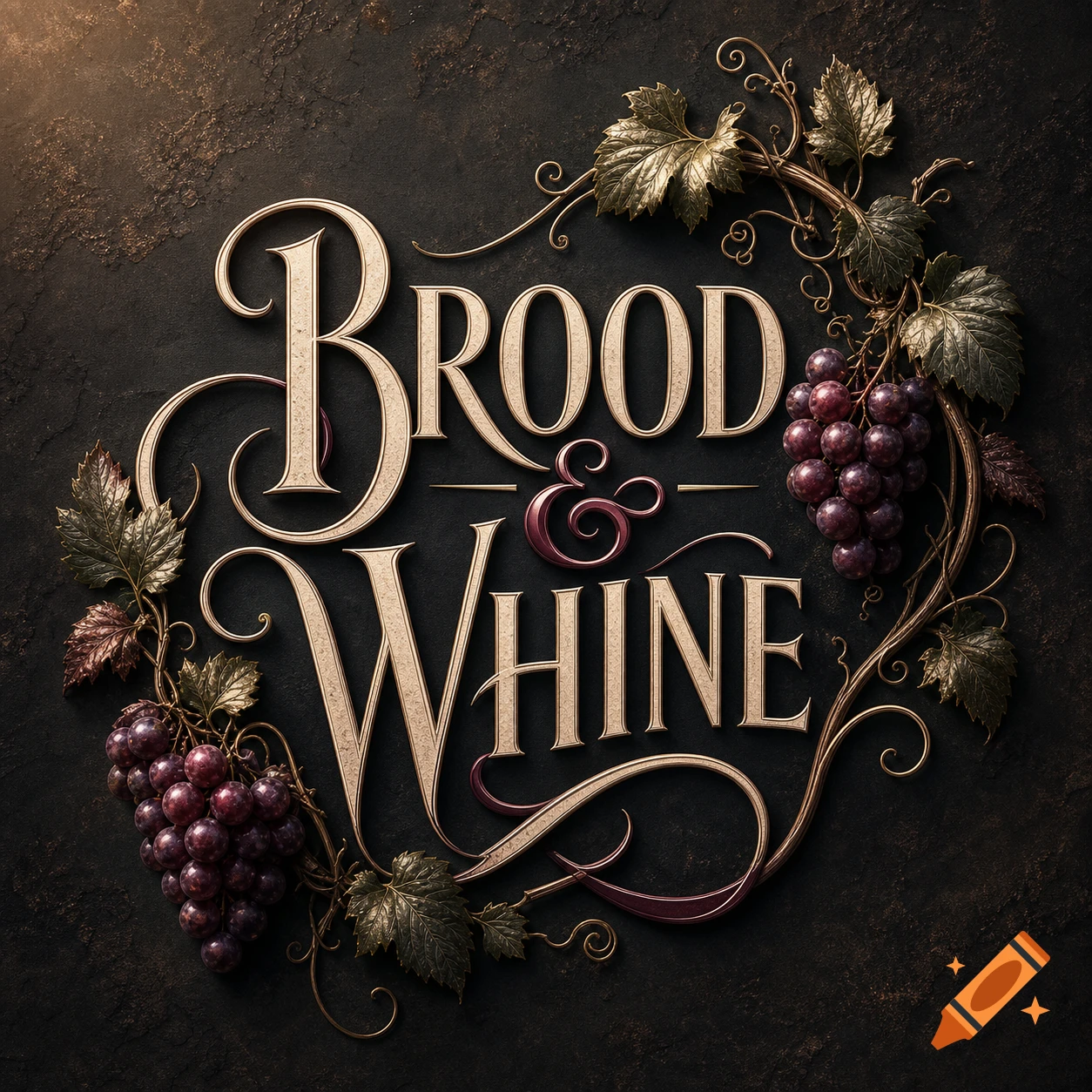 A vintage-style logo featuring "BROOD & WHINE" in ornate gold and deep red typography, intertwined with leafy grapevines and bunches of purple grapes on a dark textured background.