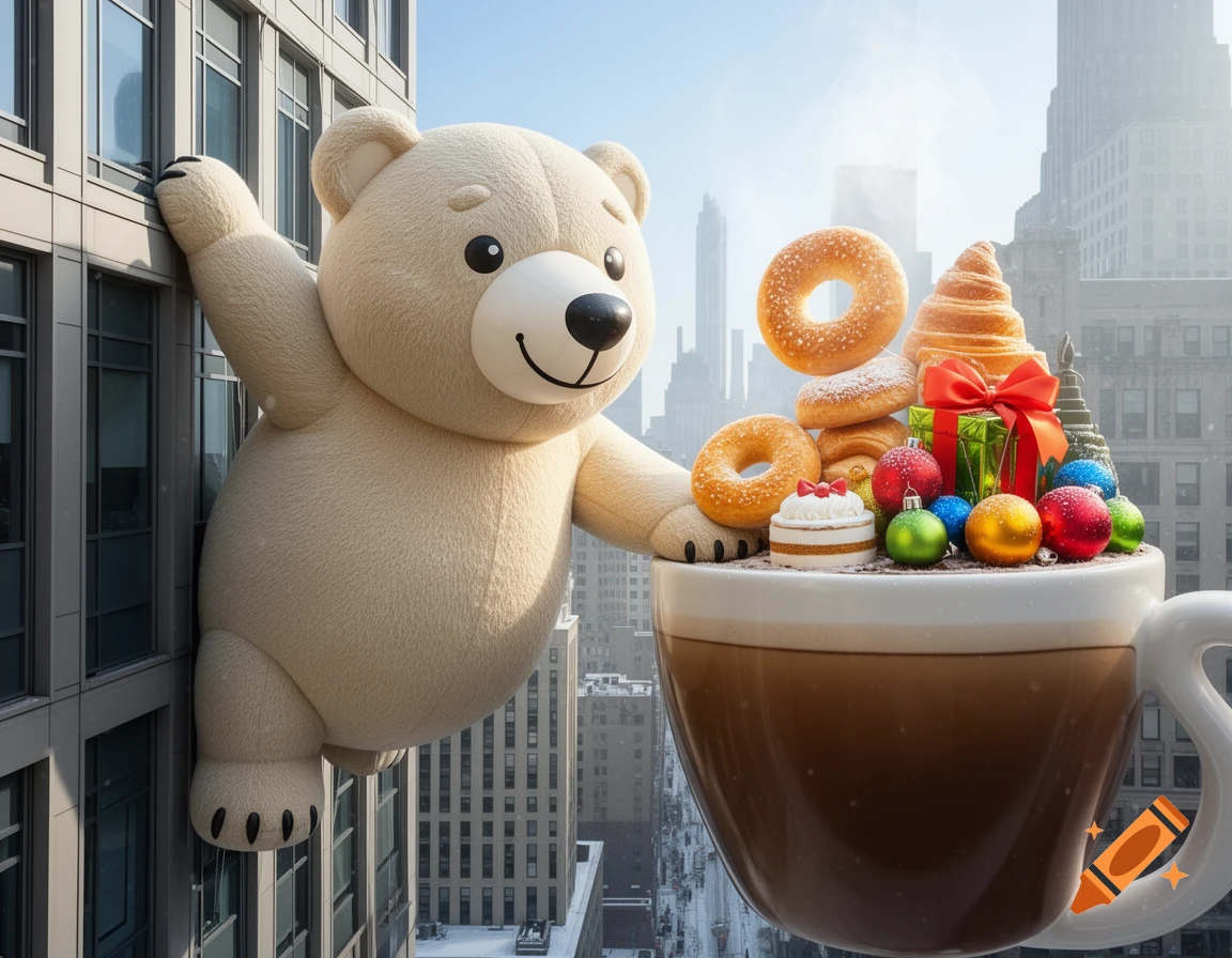 A giant inflatable teddy bear hangs from a skyscraper in a snowy city, holding a large coffee cup filled with donuts, croissants, cake, and Christmas ornaments.