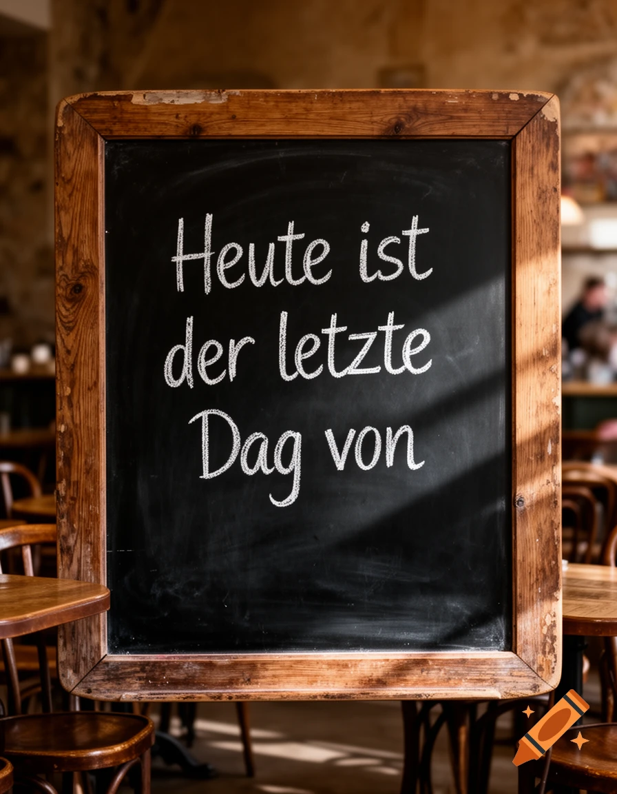 Blackboard with 'Heute ist der letzte Tag von' in white chalk, in a cafe setting.