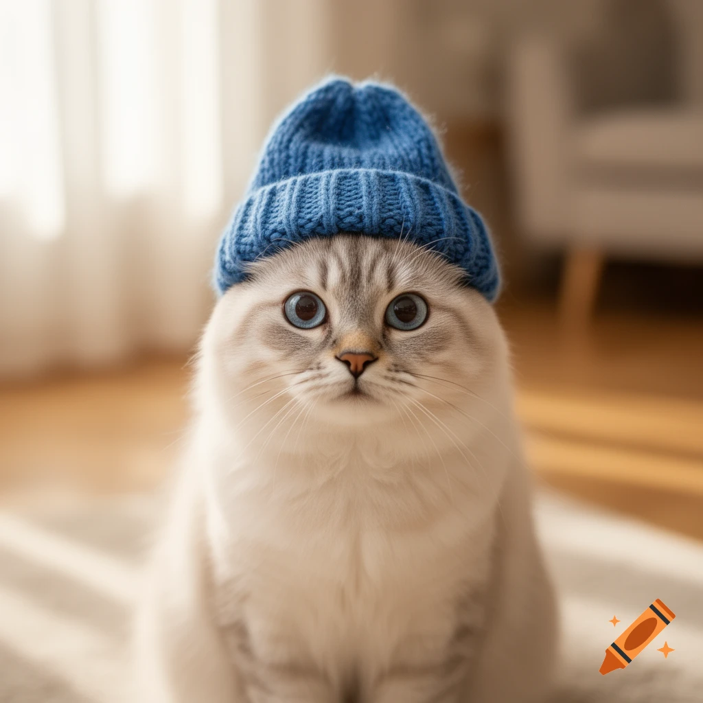 A photorealistic portrait of a light-colored cat with big blue eyes wearing a blue knitted beanie hat.