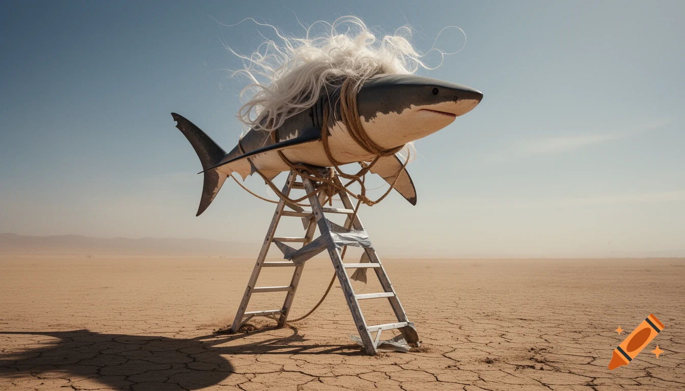 Photorealistic shark with a wild white wig tied to a duct-taped ladder in a dusty desert landscape.