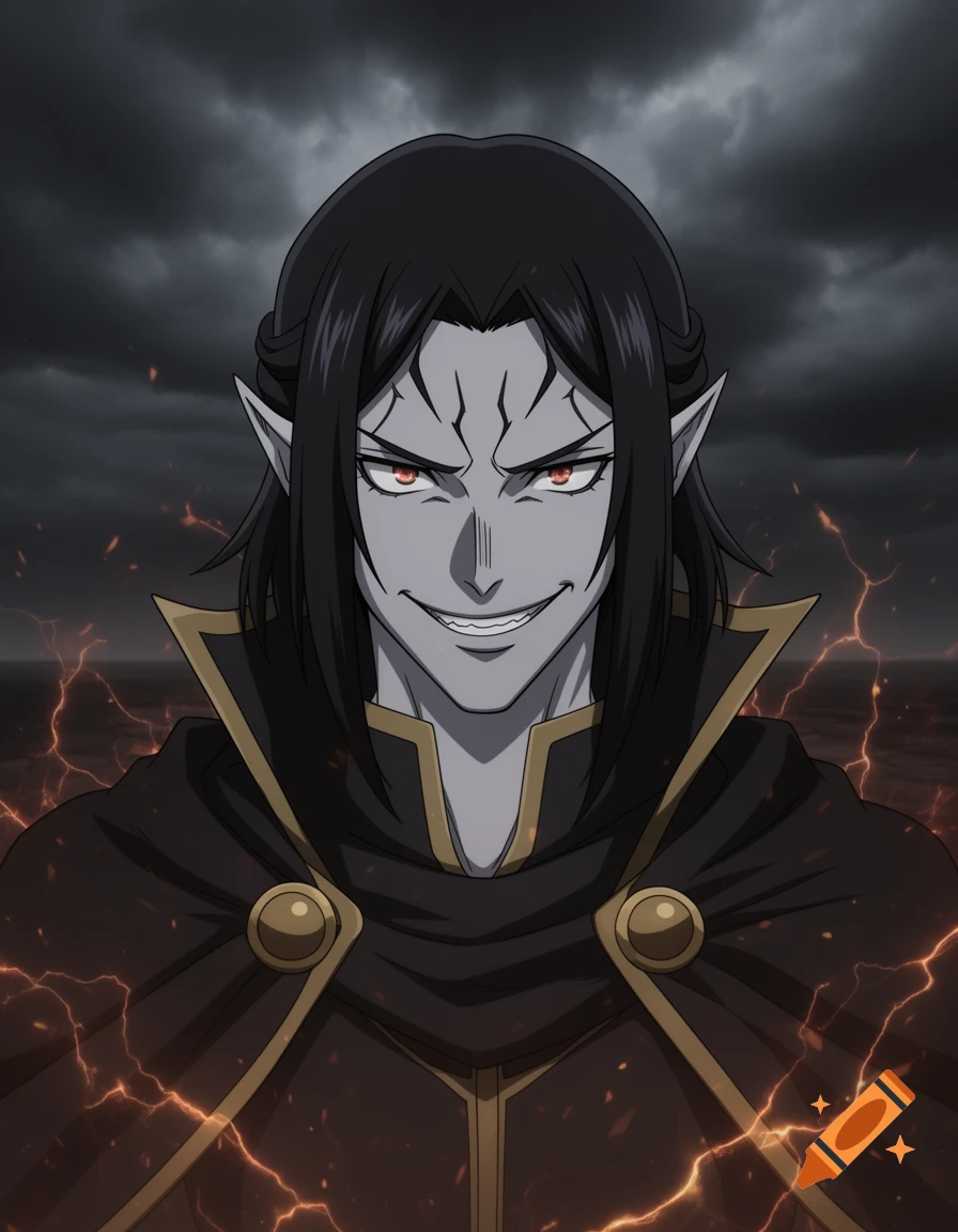 Anime portrait of a pale-skinned male character with long black hair, pointed ears, red eyes, and a sinister grin, wearing a dark cape. A stormy sky with lightning is in the background.