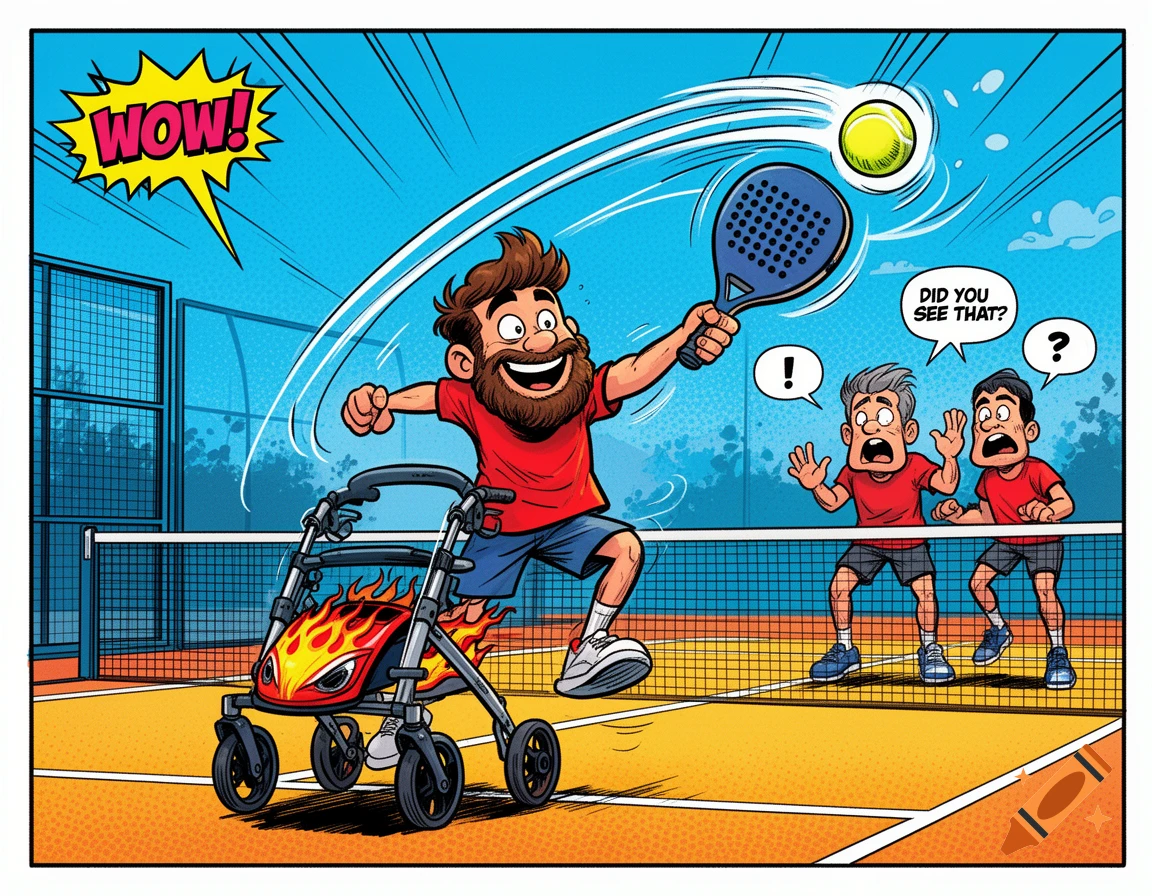 A cheerful bearded man in a comic book style plays padel with a flaming walker, surprising two opponents on the court.