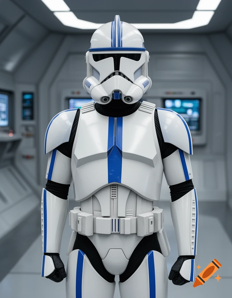 A photorealistic image of a white and blue clone trooper standing in a sci-fi spaceship interior.