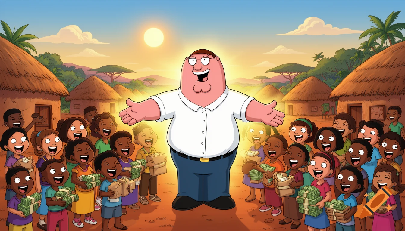 Peter Griffin gives stacks of money and boxes of food to a crowd of smiling children in a cartoon African village at sunset.