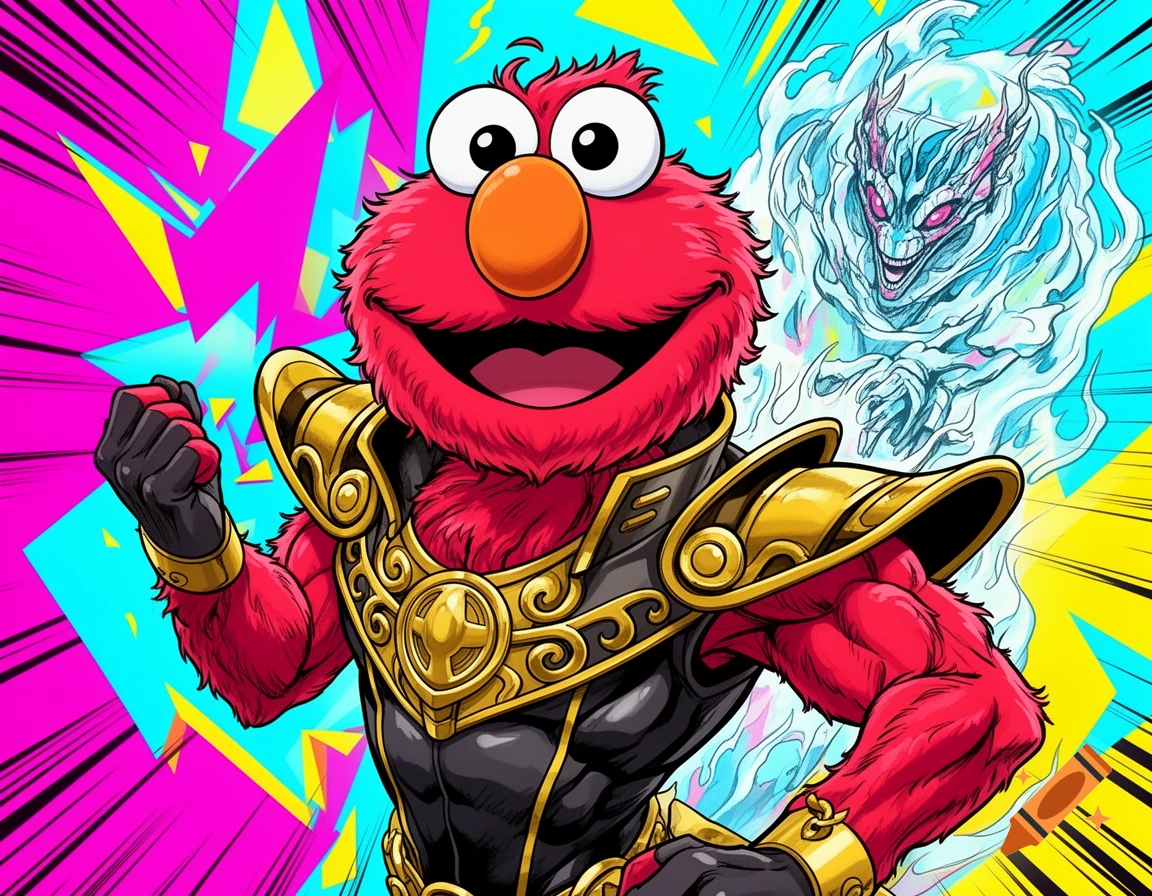 Muscular Elmo in black and gold armor, like a JoJo's Bizarre Adventure character, with a ghostly white dragon-like Stand behind him, against a vibrant pop art background.