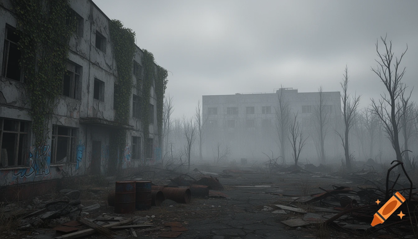 Abandoned concrete buildings, overgrown with ivy, surrounded by bare trees in a dense, foggy, post-apocalyptic landscape.