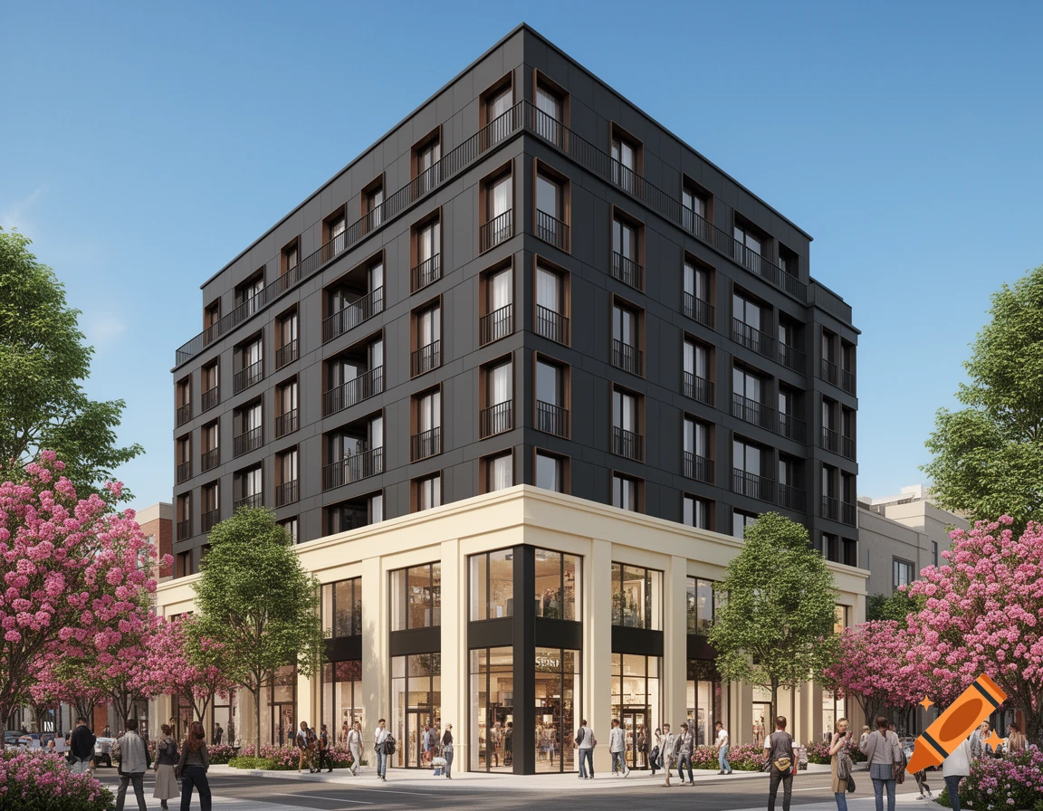 Photorealistic rendering of a modern 7-story mixed-use building with a beige base and dark gray upper floors, pink trees, and people on the sidewalk.