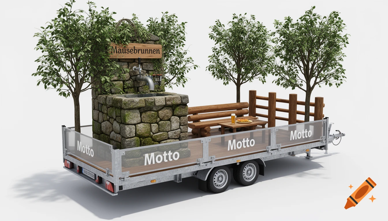 A photorealistic render of a decorated two-axle car trailer, featuring a stone fountain labeled "Mausebrunnen," trees, a wooden bench, a table with beer and food, and "Motto" text on its transparent side panels.