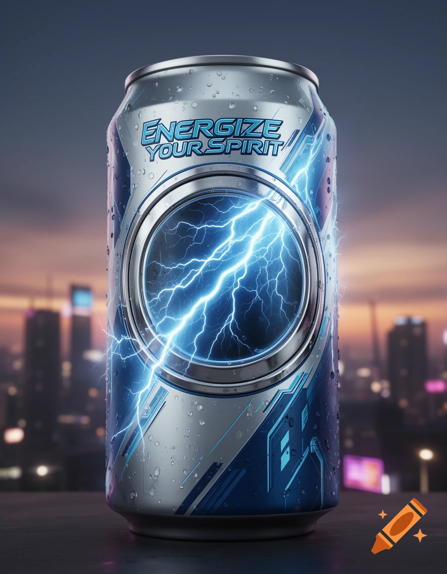 A photorealistic close-up of a silver and blue energy drink can with water droplets and a glowing lightning bolt logo against a blurred city skyline.