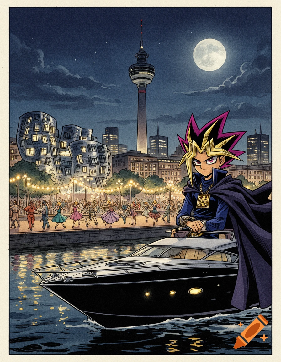 Yami Yugi on a yacht, overlooking a lively Düsseldorf cityscape at night with the Rheinturm, full moon, and dancing people, comic book style.