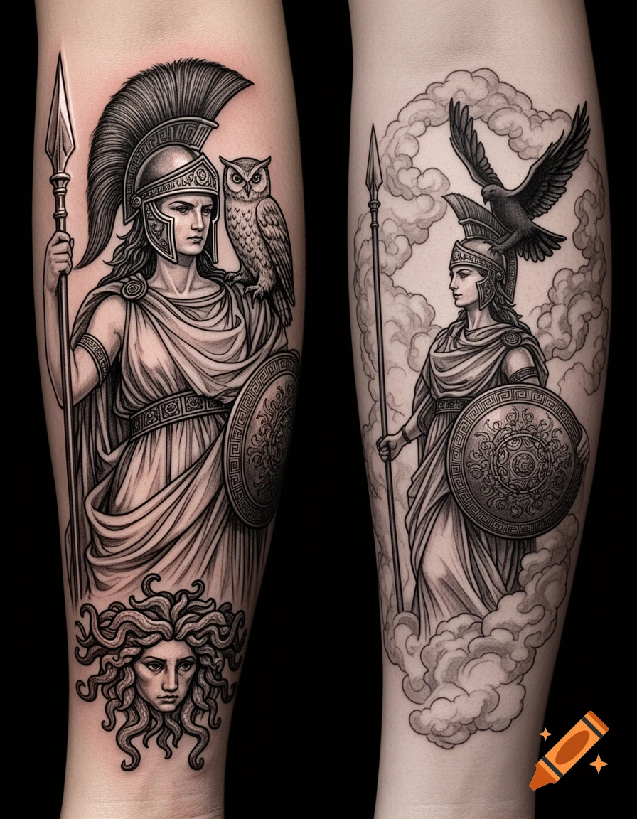 Two blackwork tattoo designs on forearms. Left: Athena with a spear, owl, and Medusa head. Right: Athena with a spear, shield, and flying bird amidst clouds.