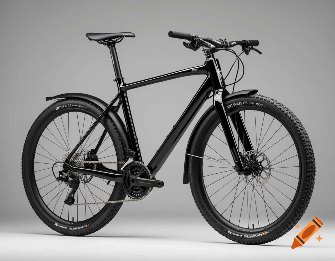 A photorealistic black bicycle with disc brakes, knobby tires, and fenders, posed against a clean light grey background.