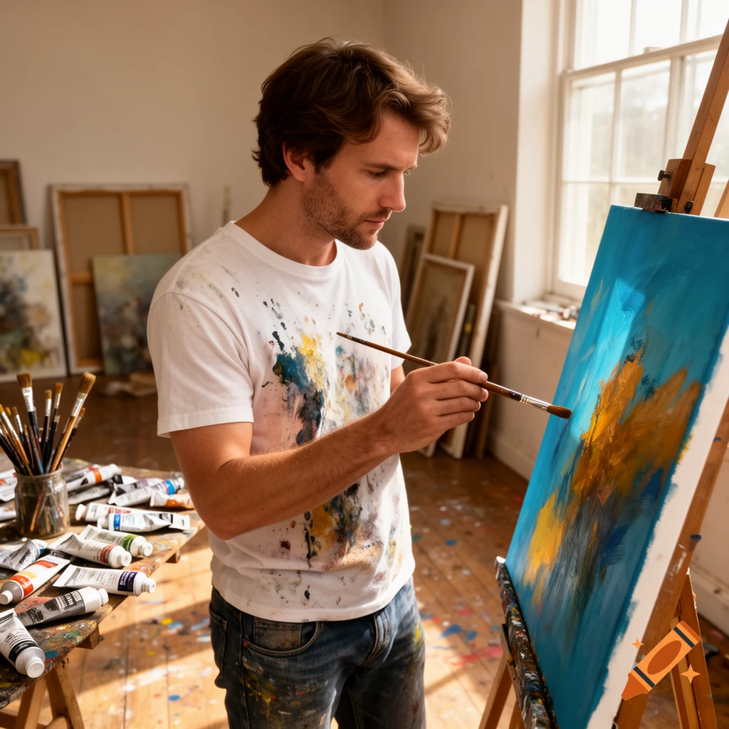 A male artist in a paint-splattered shirt works on a vibrant blue and orange canvas on an easel in a sunlit art studio.