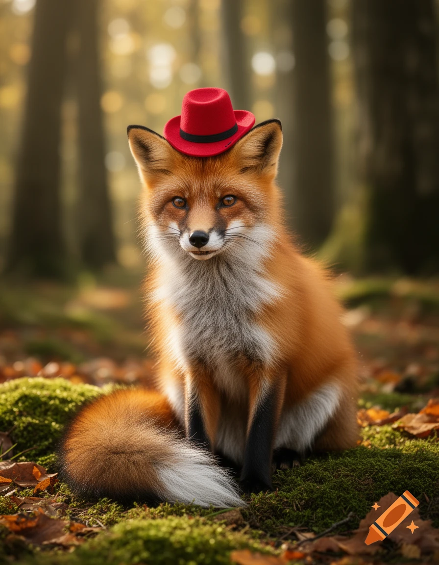 Photorealistic red fox wearing a small red hat, sitting on mossy ground in a sunlit forest.