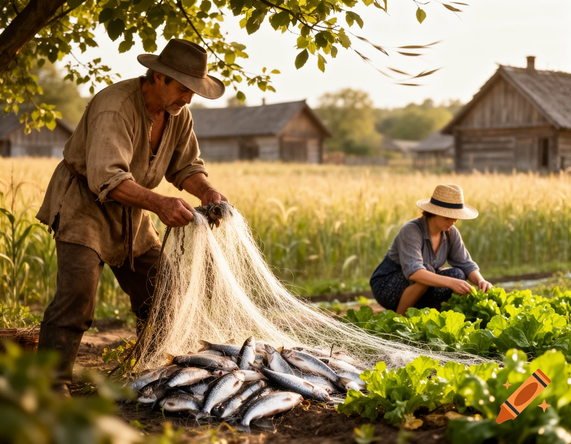A man pulls fish from a net while a woman tends plants in a rural village at golden hour.
