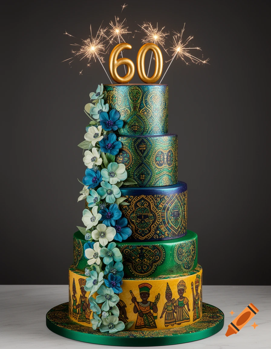 An extravagant multi-tiered cake with golden '60' candles, sparklers, blue flowers, and Nigerian-inspired patterns.
