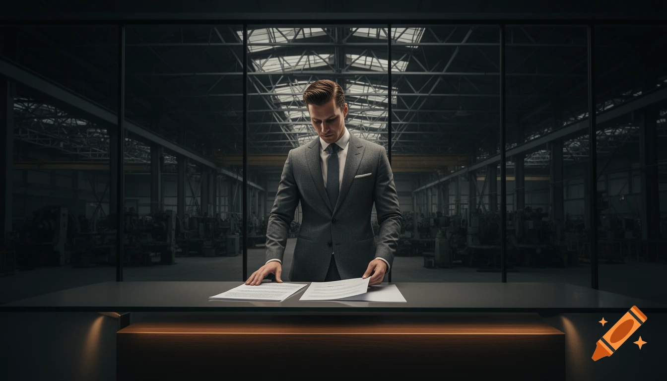 A confident businessman in a grey suit reviews documents at a modern desk with a large industrial warehouse visible through windows behind him.