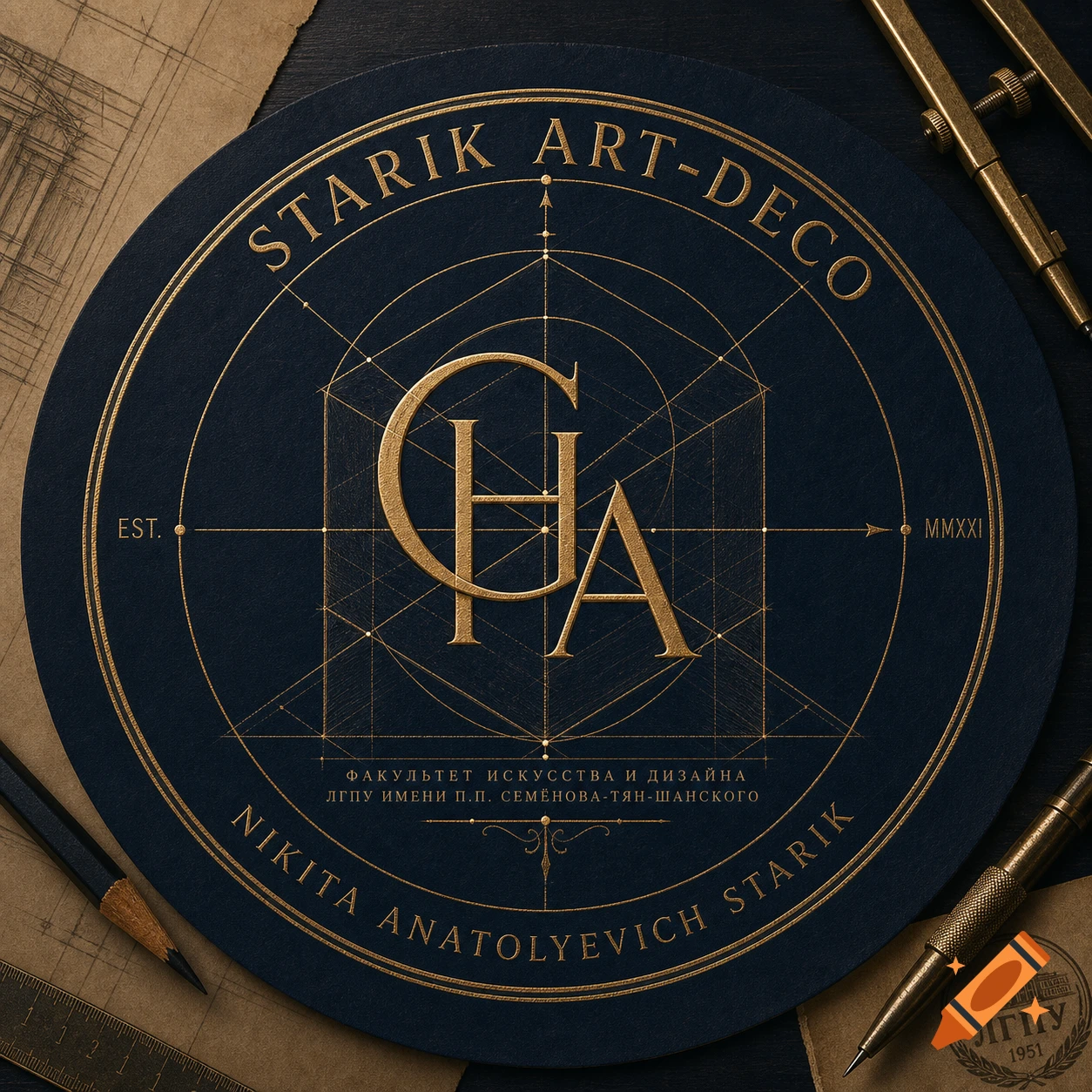 Art-Deco style logo with golden text and geometric lines on a dark blue circle, surrounded by drawing tools on a dark table.