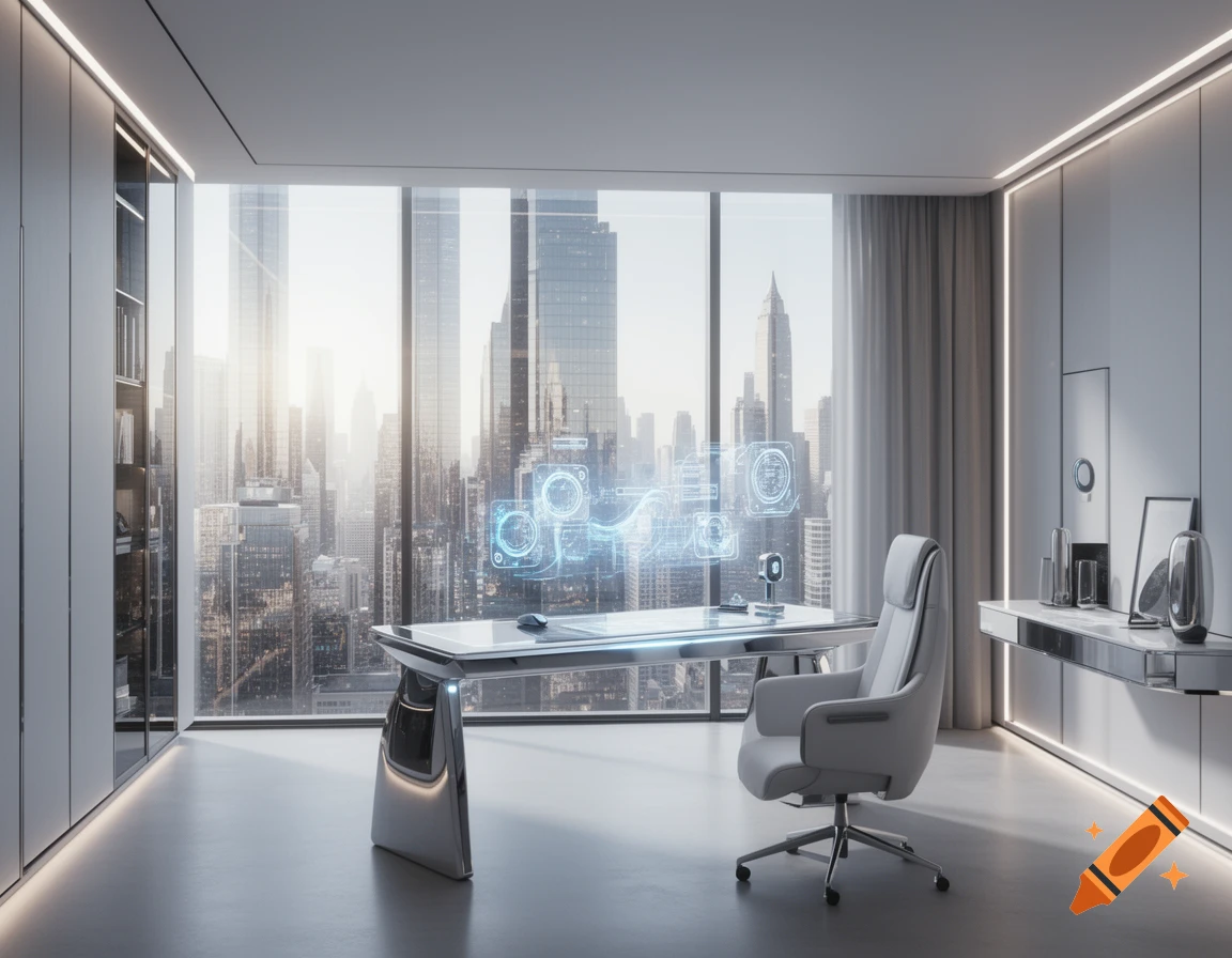 Futuristic office with a transparent desk and holographic displays, overlooking a bright city skyline.