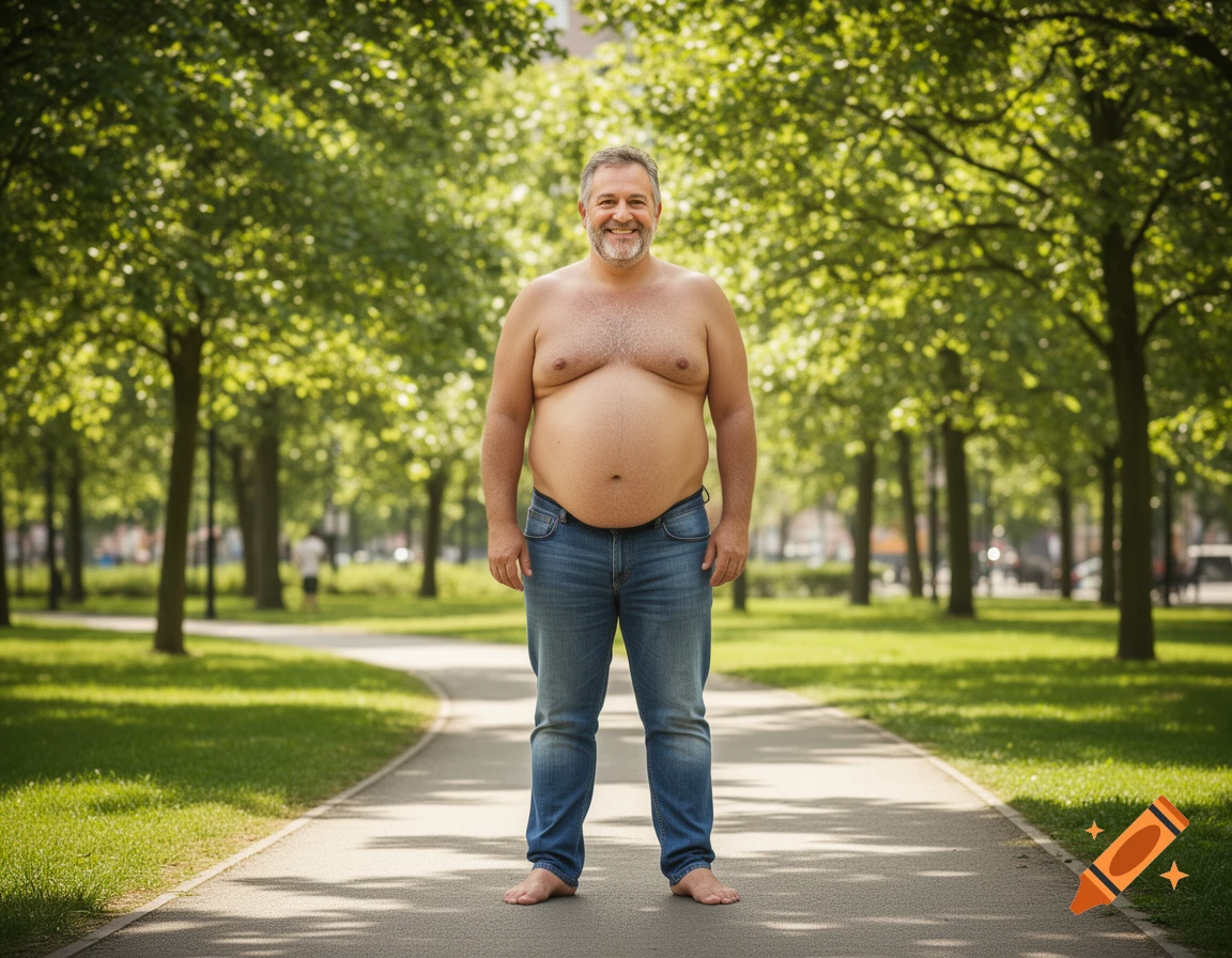 A smiling shirtless man with a paunch stands barefoot on a park path, surrounded by green trees and grass.