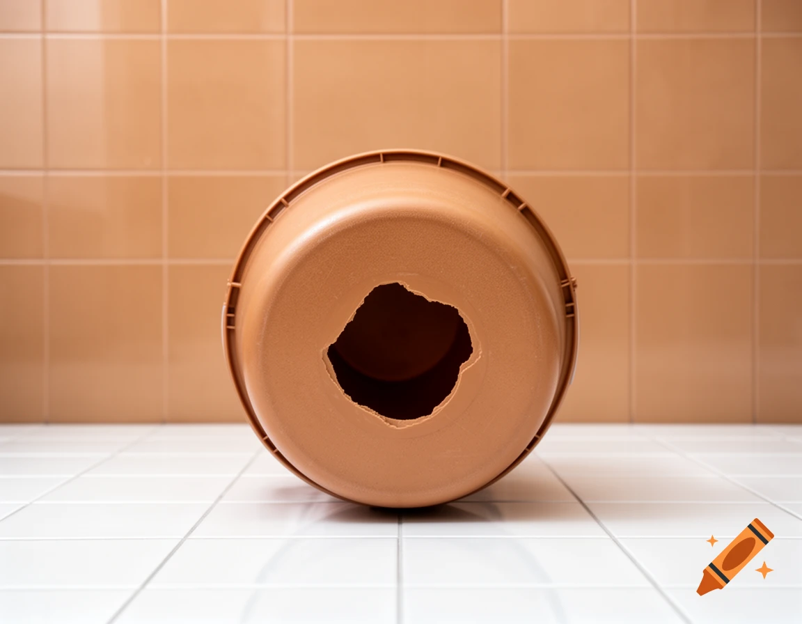 Upside-down light brown bucket with a very large, ragged hole in its base, resting on white floor tiles against a light brown tiled wall.