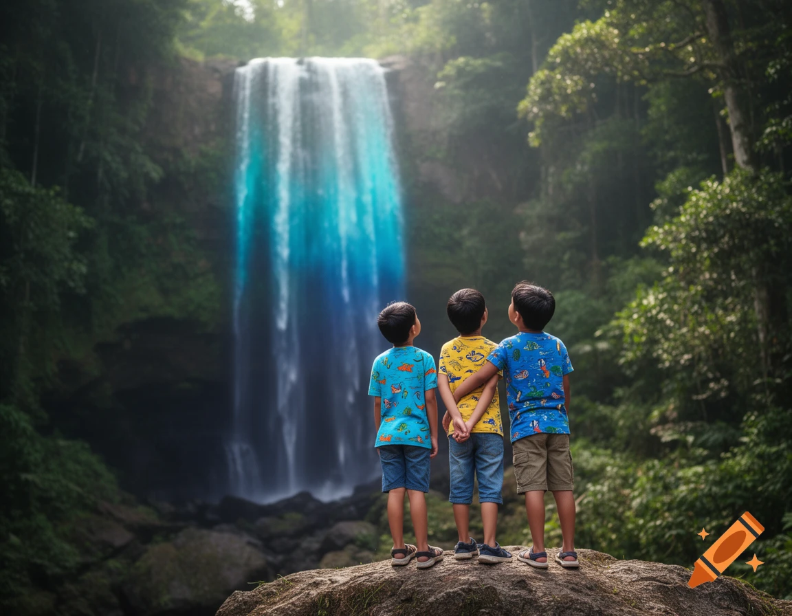 Three young boys from behind look at a vibrant blue ombr waterfall cascading in a lush forest.