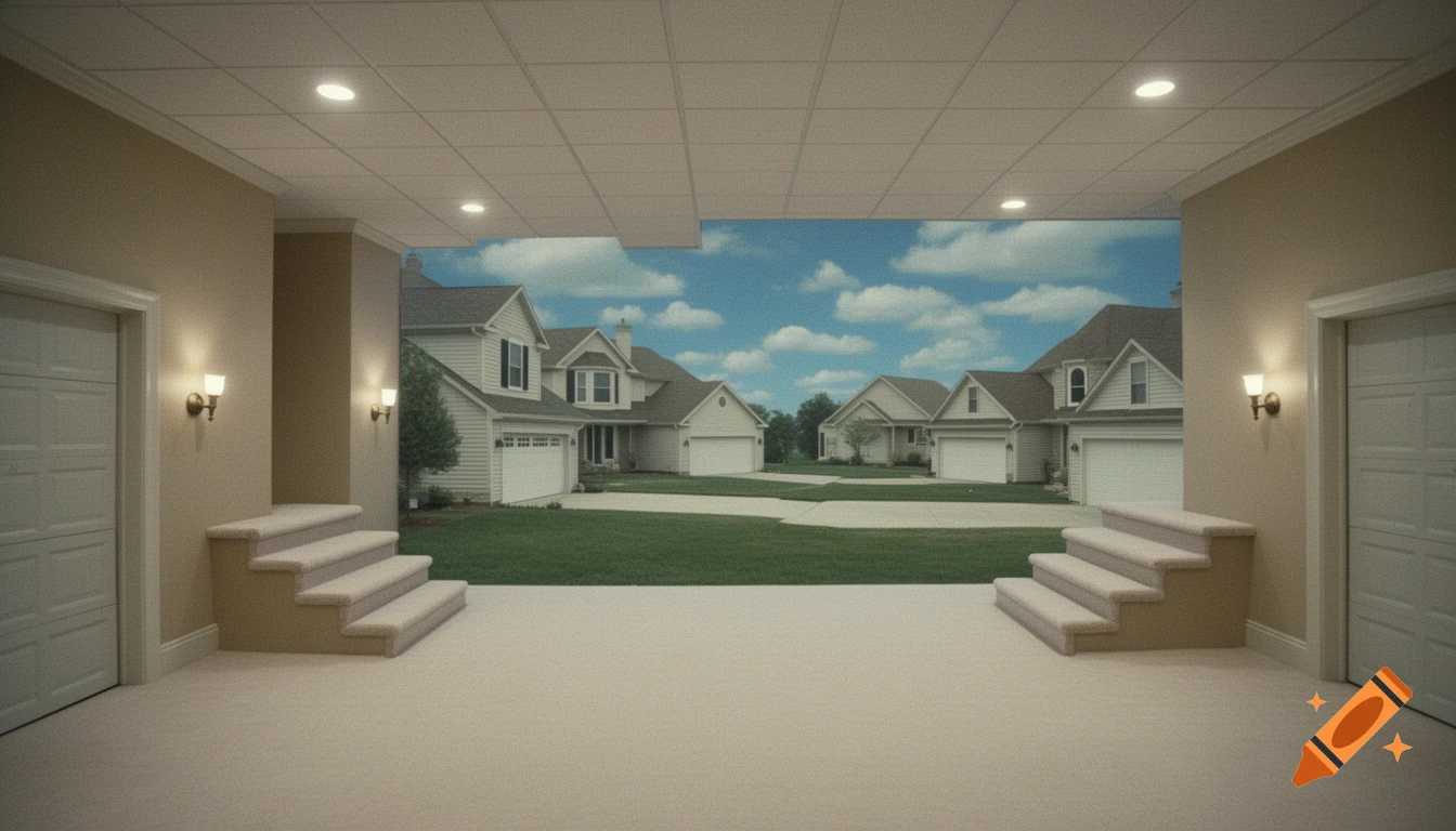 A beige carpeted room with white doors and sconces, and stairs leading to an opening revealing a suburban street with houses under a cloudy sky.