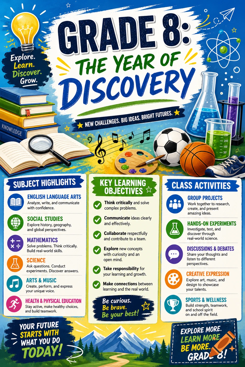 Colorful educational poster for Grade 8, outlining subject highlights, learning objectives, and class activities with school-themed icons.