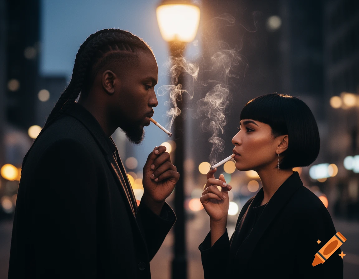 A man and a woman in black clothing smoke cigarettes under a streetlamp at night, with smoke rising. Photorealistic style.
