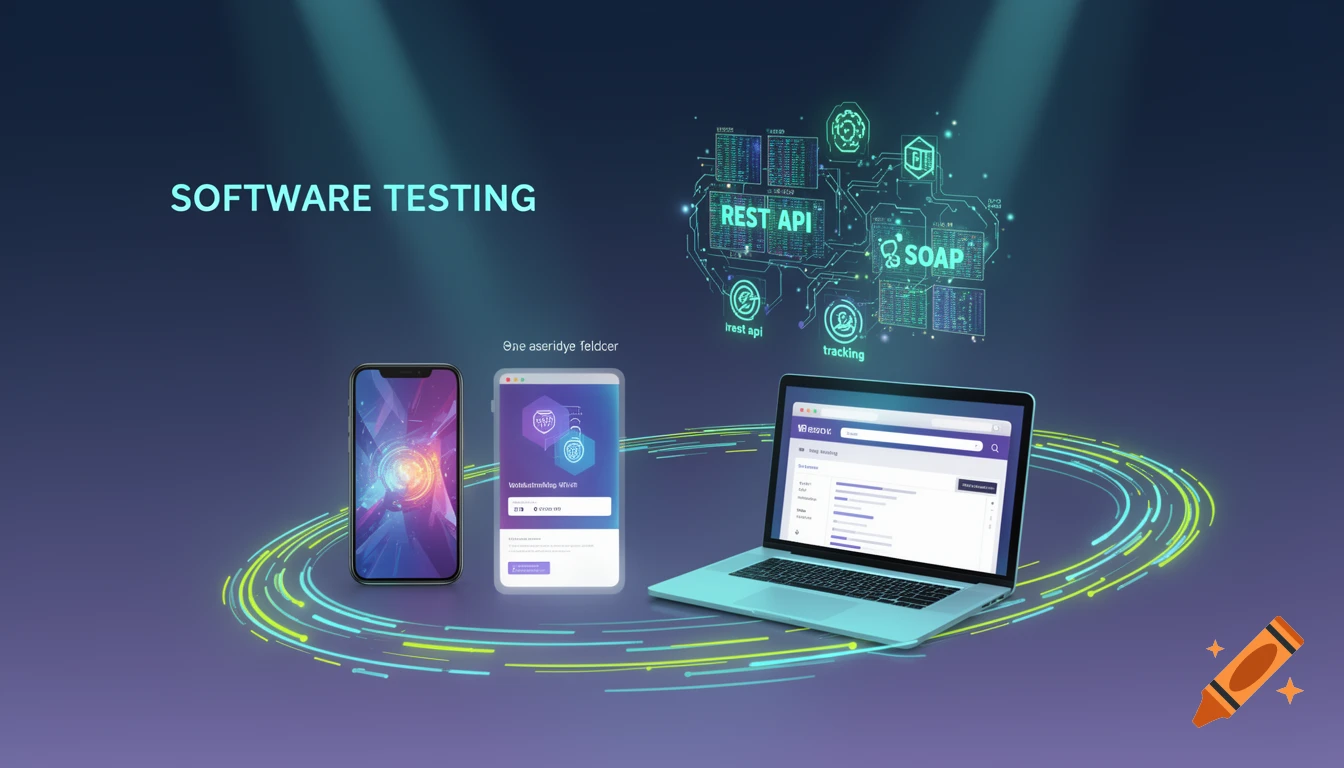 A stylized digital illustration of software testing concepts, featuring a smartphone, tablet, and laptop, with text like "SOFTWARE TESTING," "REST API," "SOAP," and "tracking" on a dark blue background with abstract light trails.