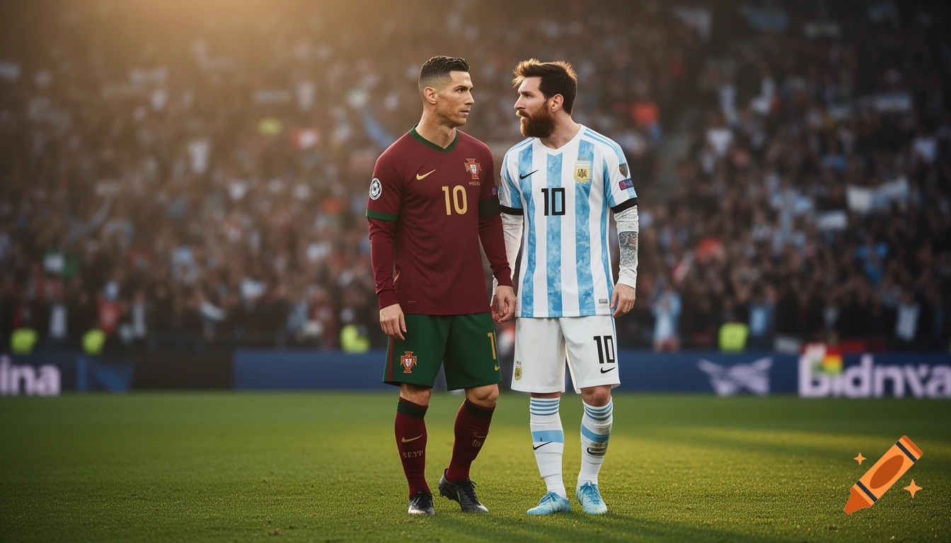 Cristiano Ronaldo in a red Portugal kit and Lionel Messi in a blue and white Argentina kit stand on a football pitch, facing each other.