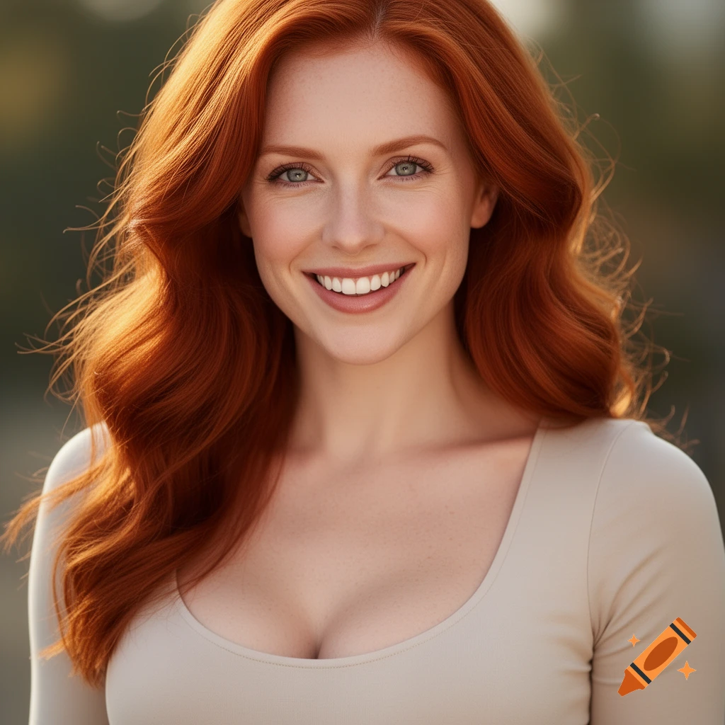 Photorealistic close-up portrait of a smiling woman with long wavy red hair and light eyes wearing a light-colored top, against a blurred outdoor background.