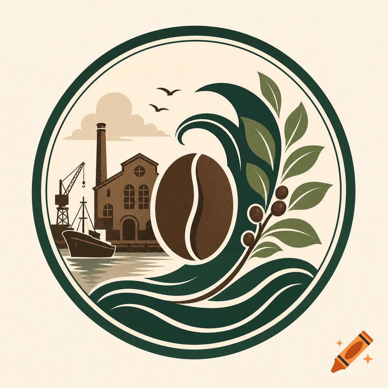 A stylized circular logo featuring a large coffee bean, waves, a coffee plant, and a harbor scene with an industrial building and ship.