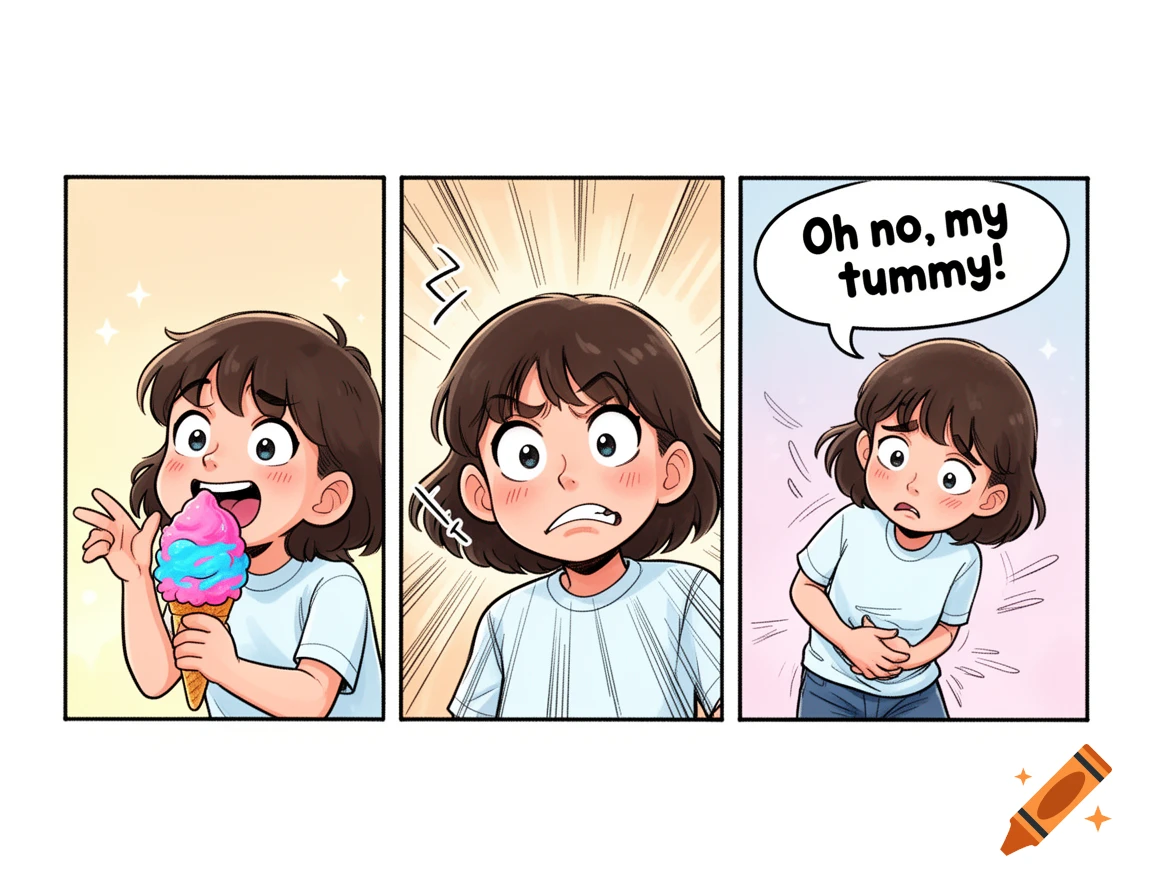 A three-panel cartoon comic strip showing a girl happily eating ice cream, then looking distressed, and finally clutching her stomach saying 'Oh no, my tummy!'